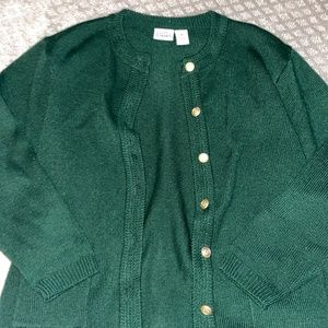 green oversized cardigan with gold buttons